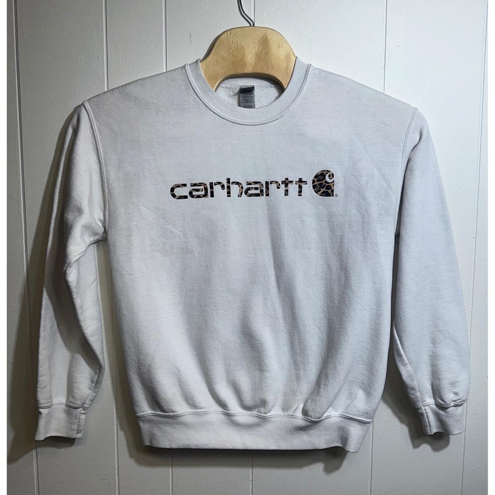 Gildan DryBlend White Carhartt Leopard Print‎ Graphic Crewneck Sweatshirt Medium